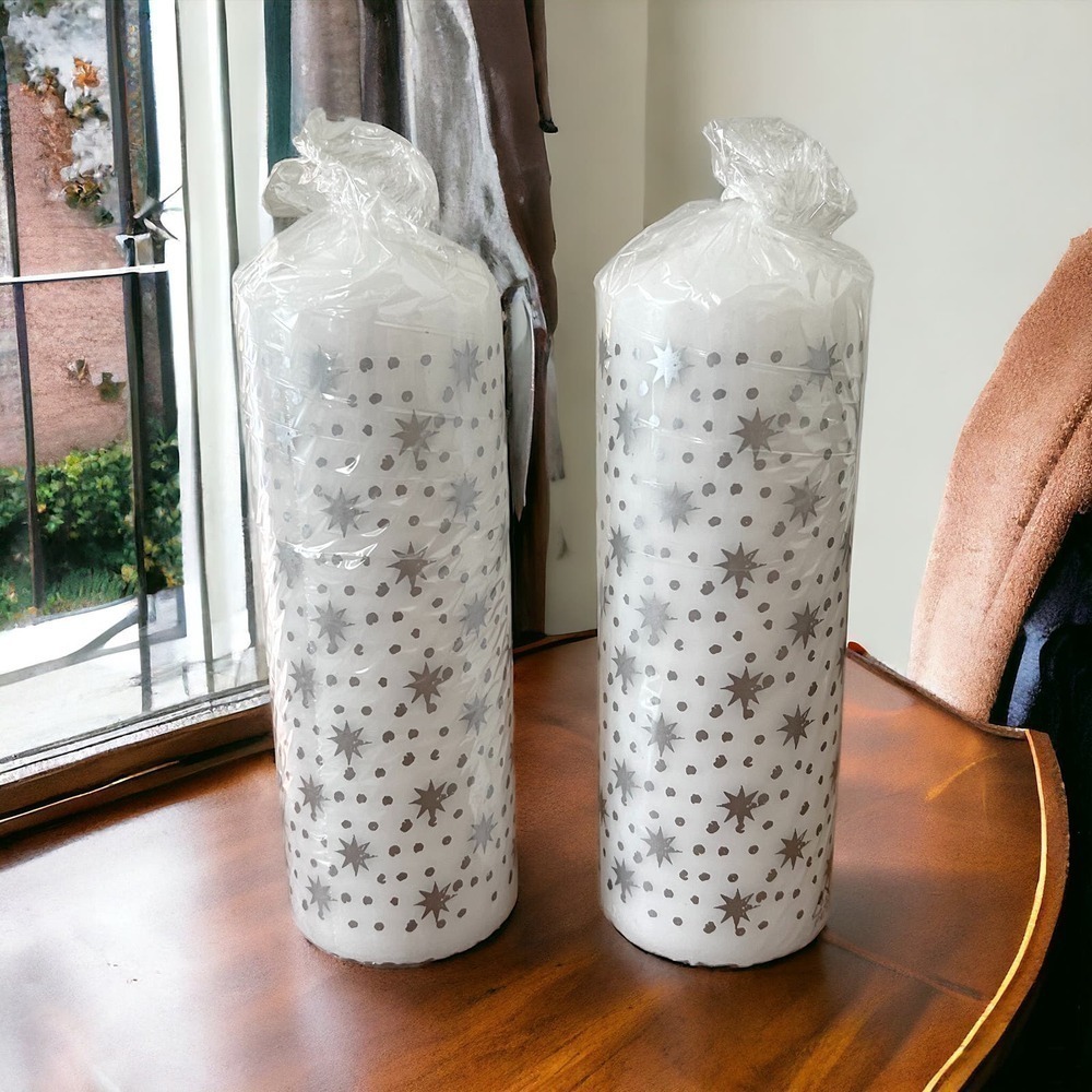 IKEA VINTERFINT Unscented White & Silver Tall 7 1/2" Pillar Candles (Set of 2)